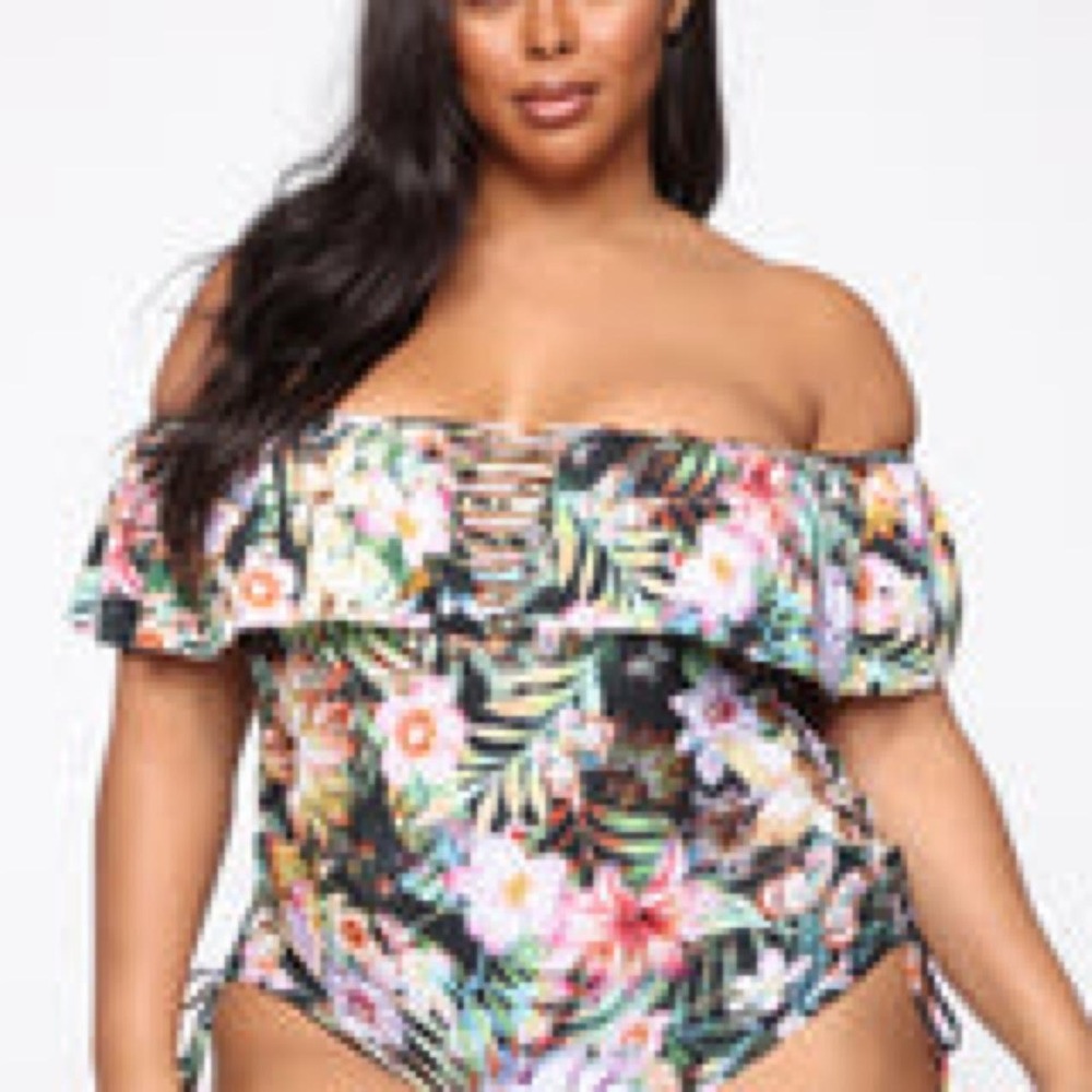 Fashion Nova Floral Off The Shoulder One Piece Swimsuit Lace Up‎ Black Tropical
